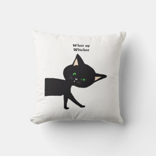What Up Witches! Funny Black Cat with Green Eyes Throw Pillow