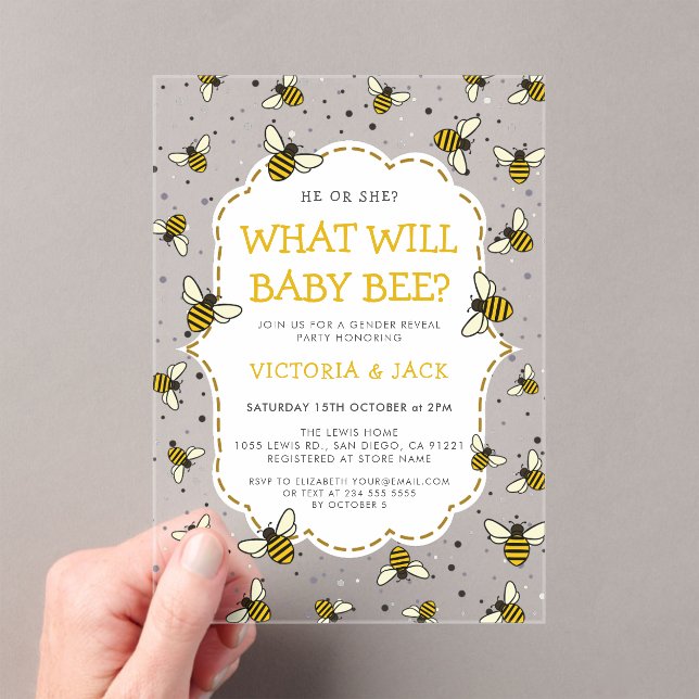 What Will Baby Bee, Cute Bee Pattern Gender Reveal Acrylic Invitations (Insitu (Handheld))