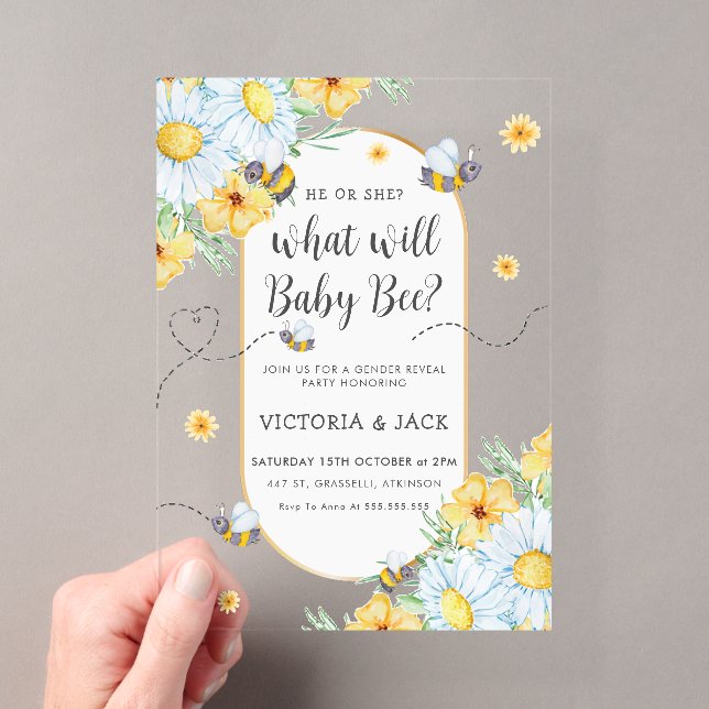 What Will Baby Bee White Flowers Gender Reveal Acrylic Invitations (Insitu (Handheld))