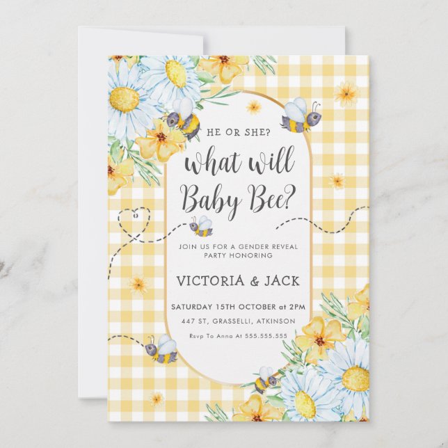 What Will Baby Bee Yellow Gingham Gender Reveal Invitation (Front)