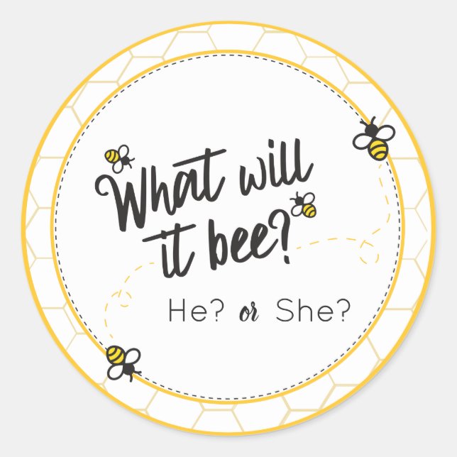 What will it bee? Baby Shower Gender Reveal Classic Round Sticker (Front)