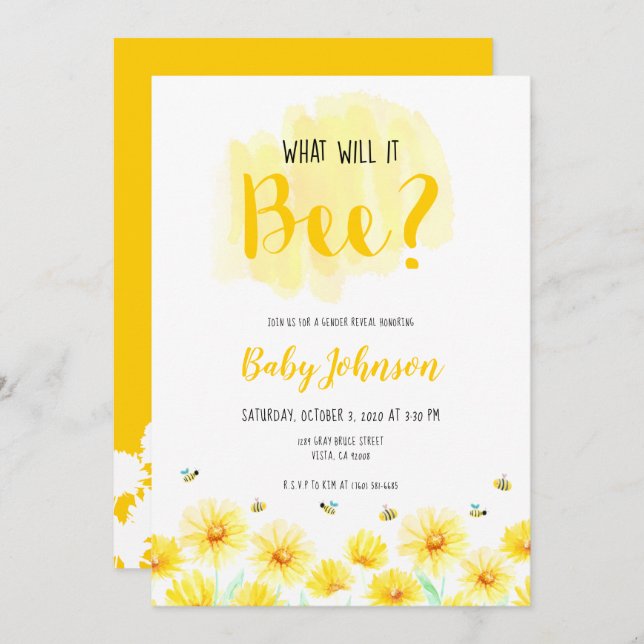 What will it bee? Gender reveal Bee theme yellow Invitation (Front/Back)