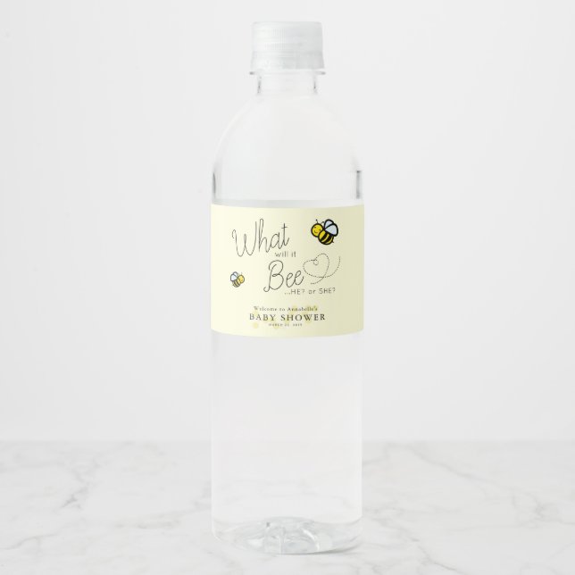 What will it Bee Gender Reveal Yellow Baby Shower Water Bottle Label (Front)