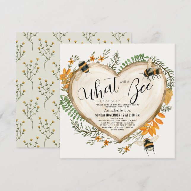 What will it Bee Wood Slice Heart Gender Reveal Invitation (Front/Back)