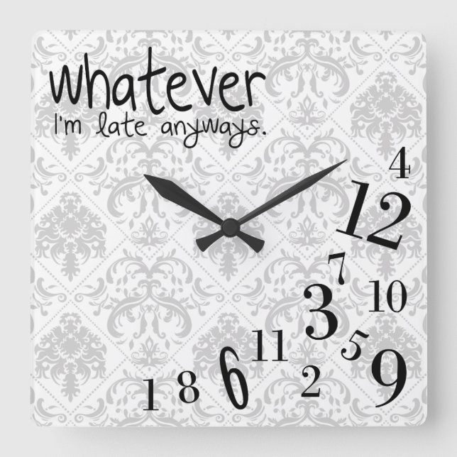whatever - grey and white damask pattern square wall clock (Front)