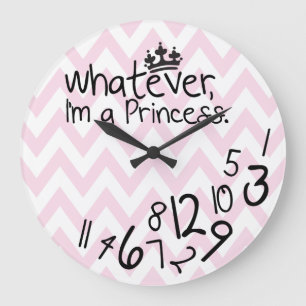 Whatever, I'm a Princess - pink and white chevron Large Clock