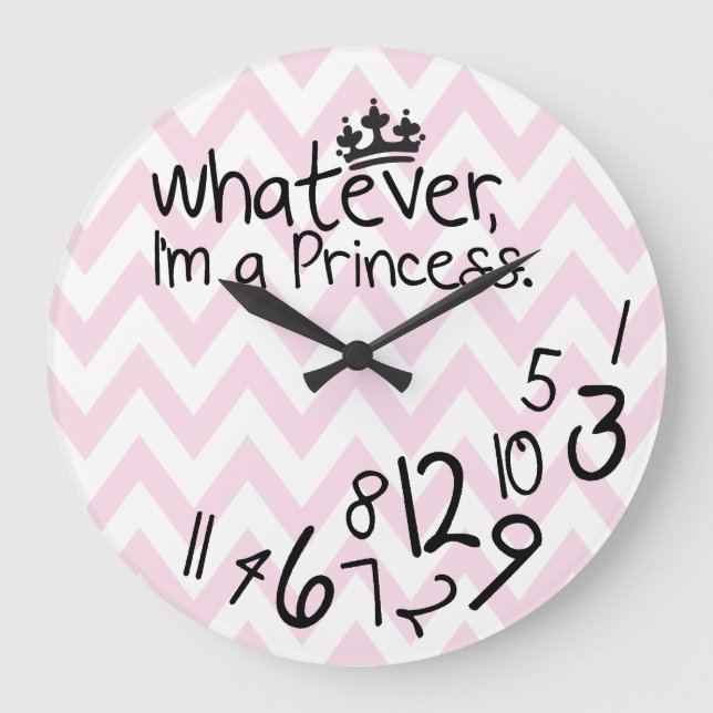 Whatever, I'm a Princess - pink and white chevron Large Clock (Front)