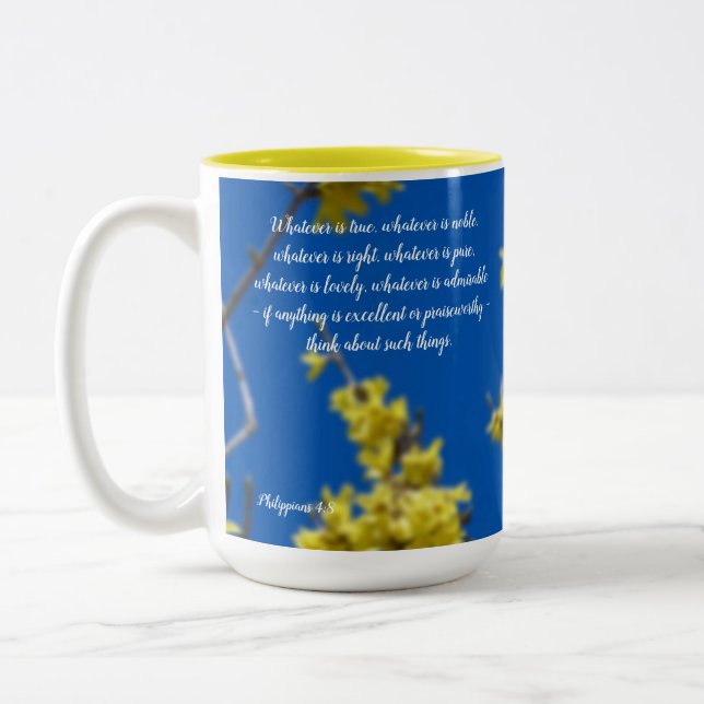 Whatever is Lovely Yellow Flowers Two-Tone Coffee Mug (Left)