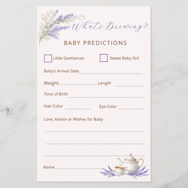 What's Brewing Tea Party Baby Prediction Card (Front)