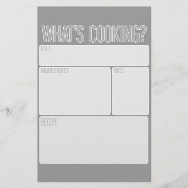 "What's Cooking" Recipe Sheets (Great Shower Gift) (Front)