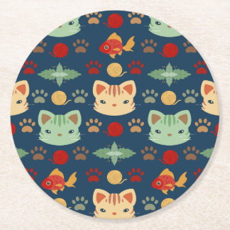 What's Cool, Kitty Cat in Navy Blue and Yellow Round Paper Coaster