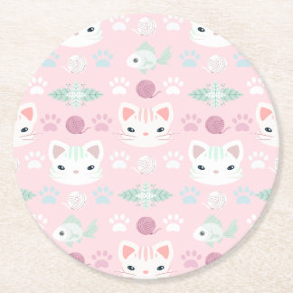 What's Cool, Kitty Cat in Pink and Mint Round Paper Coaster