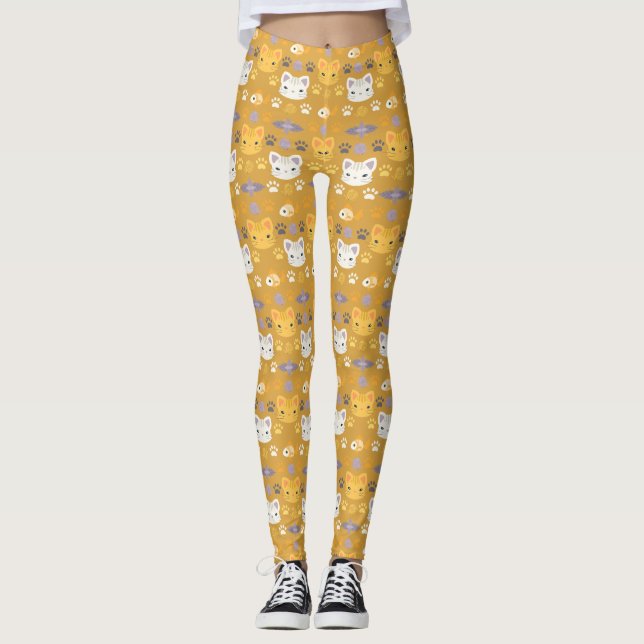 What's Cool, Kitty Cat in Yellow and Lavender Leggings (Front)