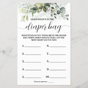 Whats In Diaper Bag Greenery Baby Shower Game Card