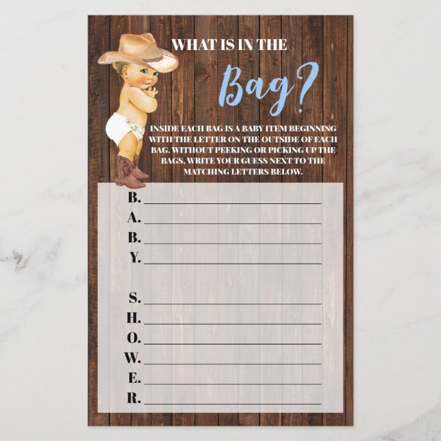 What's in the Bag Cowboy Baby Shower Game card (Front)