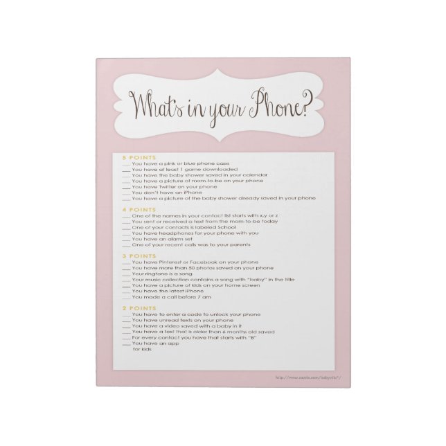 What's In Your Phone Baby Shower Game Notepad Pink (Rotated)