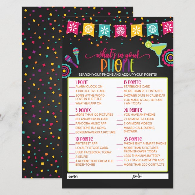 What's in Your Phone Bridal Shower Game - Fiesta (Front/Back)