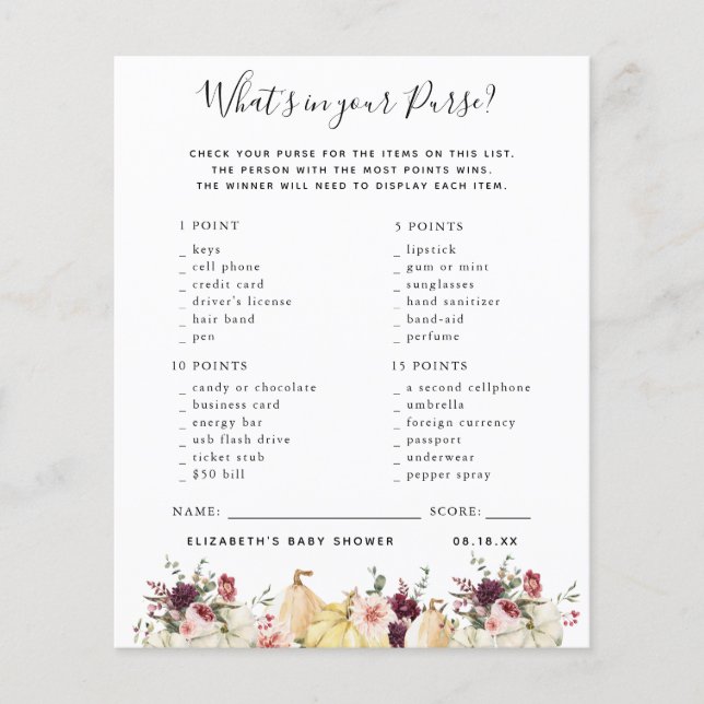 What's in your Purse | Baby Shower Game (Front)