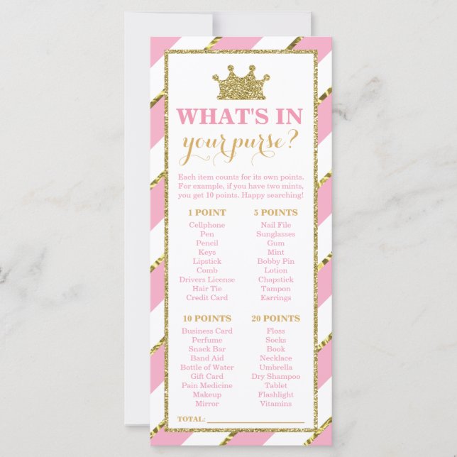 What's In Your Purse? Baby Shower Game, Princess (Front)