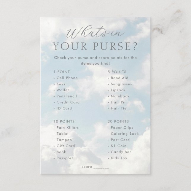 What's in Your Purse Baby Shower Games Enclosure Card (Front)