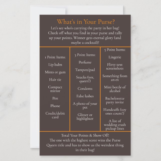 What's in Your Purse? Bachelorette Party Game (Front)
