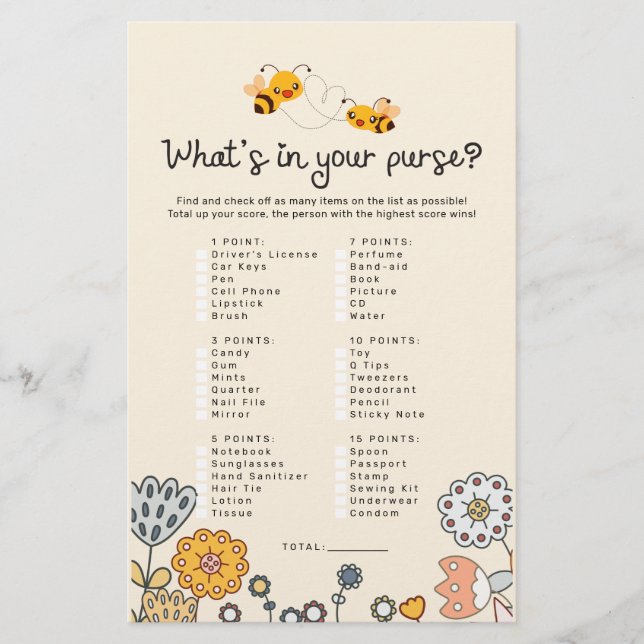 What's in Your Purse Bee Baby Shower Game Cards (Front)