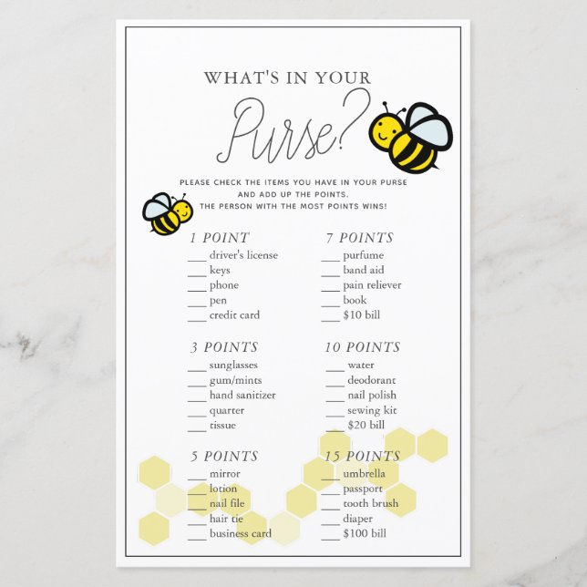 What's in Your Purse Bee White Baby Shower Game (Front)