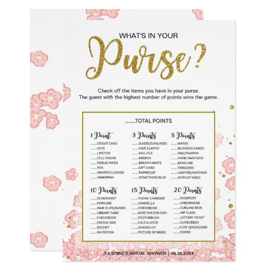What's In Your Purse Bridal Shower Game |Gold Pink Card
