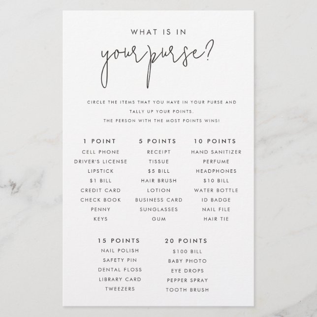 What's in Your Purse Bridal Shower Game Paper Card (Front)