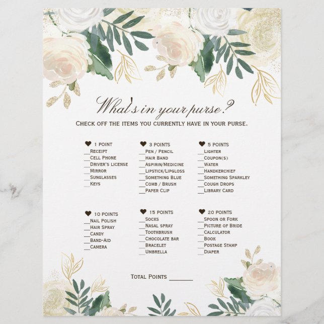 What's in your purse? Bridal Shower Printable Game Flyer (Front)