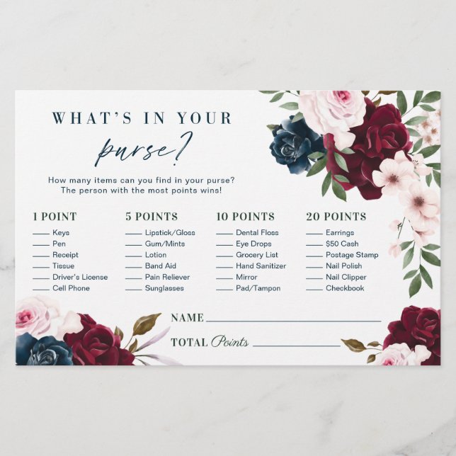 What's in Your Purse? Burgundy Florals Shower Game (Front)