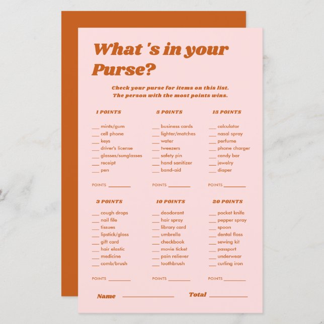What's In Your Purse Disco Bridal Shower Game (Front/Back)