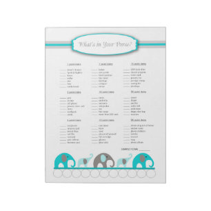 What's in your purse Elephant Baby Shower Game Notepad