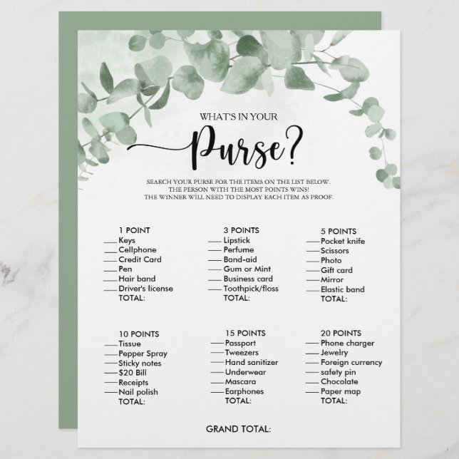 What's in your Purse Eucalyptus Bridal Shower Game (Front/Back)