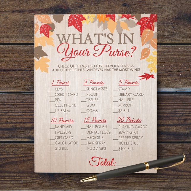 What's In Your Purse Fall Bridal Shower Game Notepad (Fall Bridal Guest Bingo Bridal Shower Party Game. Comes in a pack of 40 easy tear away games!)