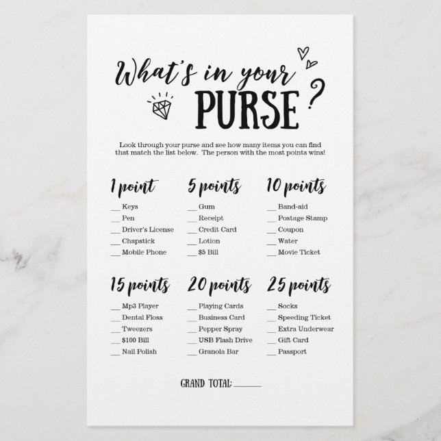 What's In Your Purse Game for Bridal Shower (Front)