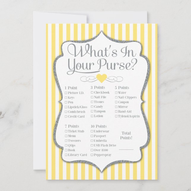 What's In Your Purse Game Yellow Grey Shower (Front)