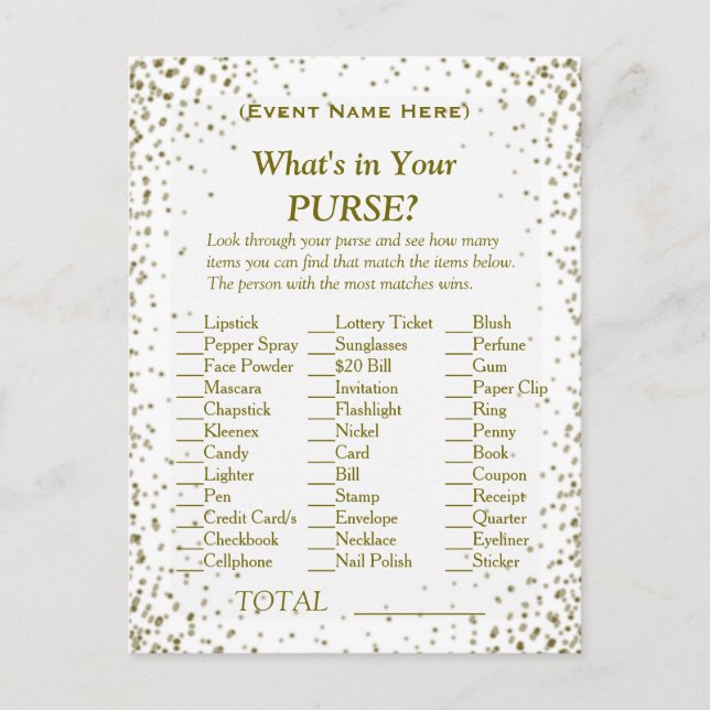 What's in Your Purse | Gold Confetti Invitation Postcard (Front)