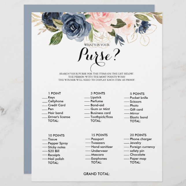 What's in your Purse Gold Navy Bridal Shower Game (Front/Back)