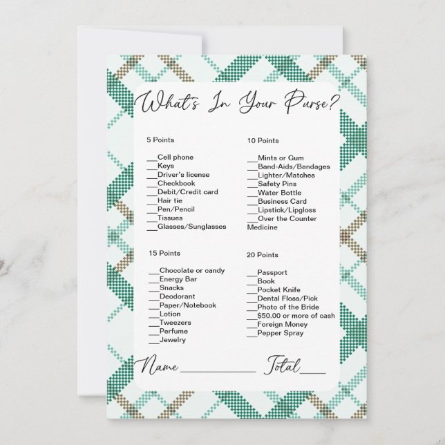 What's In Your Purse Green Plaid Bridal Shower Invitation
