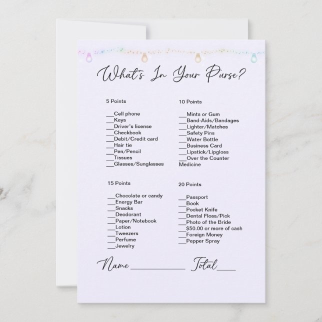 What's In Your Purse Hanging Lights Bridal Shower Invitation (Front)