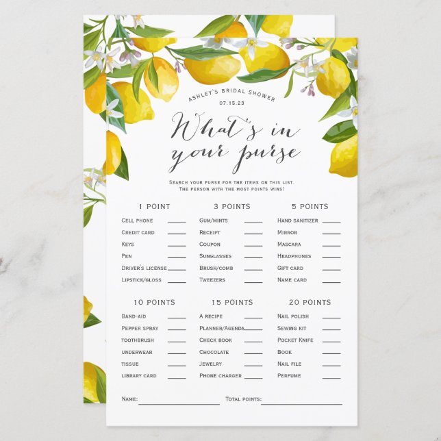 Whats in your purse, Lemon Bridal shower Games (Front/Back)
