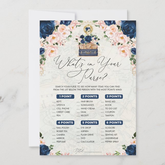 What's in Your Purse Navy Travel Bridal Game Card (Front)
