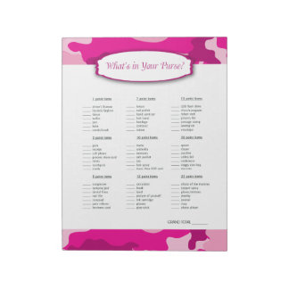 What's in your purse Pink Camo Baby Shower Game Notepad