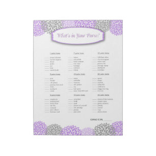 What's in your purse Purple Grey Dahlia Game Notepad