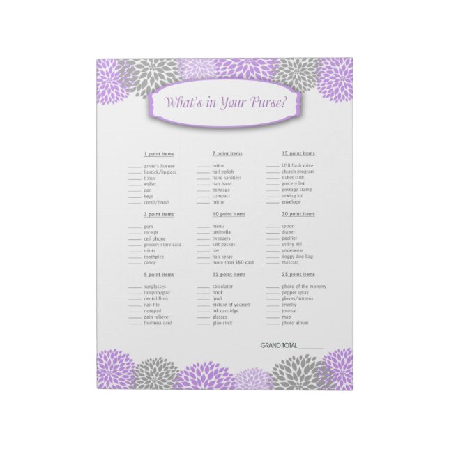What's in your purse Purple Grey Dahlia Game Notepad (Rotated)