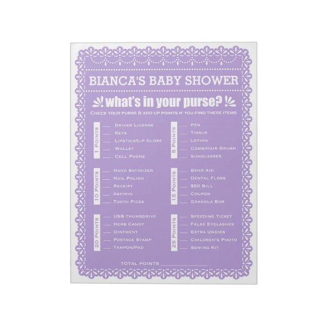 What's In Your Purse Purple Papel Picado Shower Notepad (Rotated)