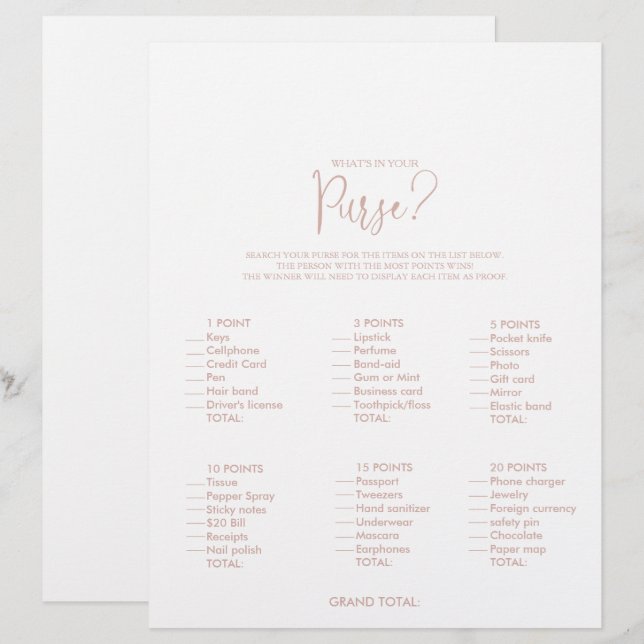 What's in your Purse Rose Gold Bridal Shower Game (Front/Back)