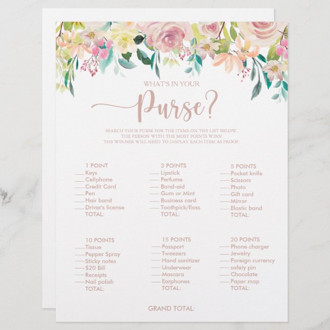 What's in your Purse Rose Gold Bridal Shower Game (Front/Back)