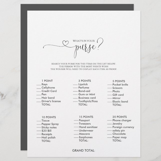 What's in your Purse Script Bridal Shower Game (Front/Back)